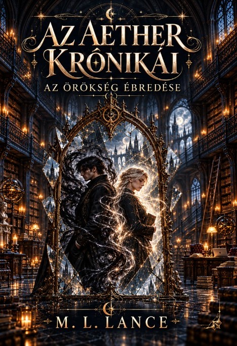 Az Aether Krónikái – Az örökség ébredése borítója: egy sötét hajú fiú és egy fehér hajú lány háttal egymásnak, egy aranykeretes, szilánkos tükörben, gyertyafényes könyvtárban.